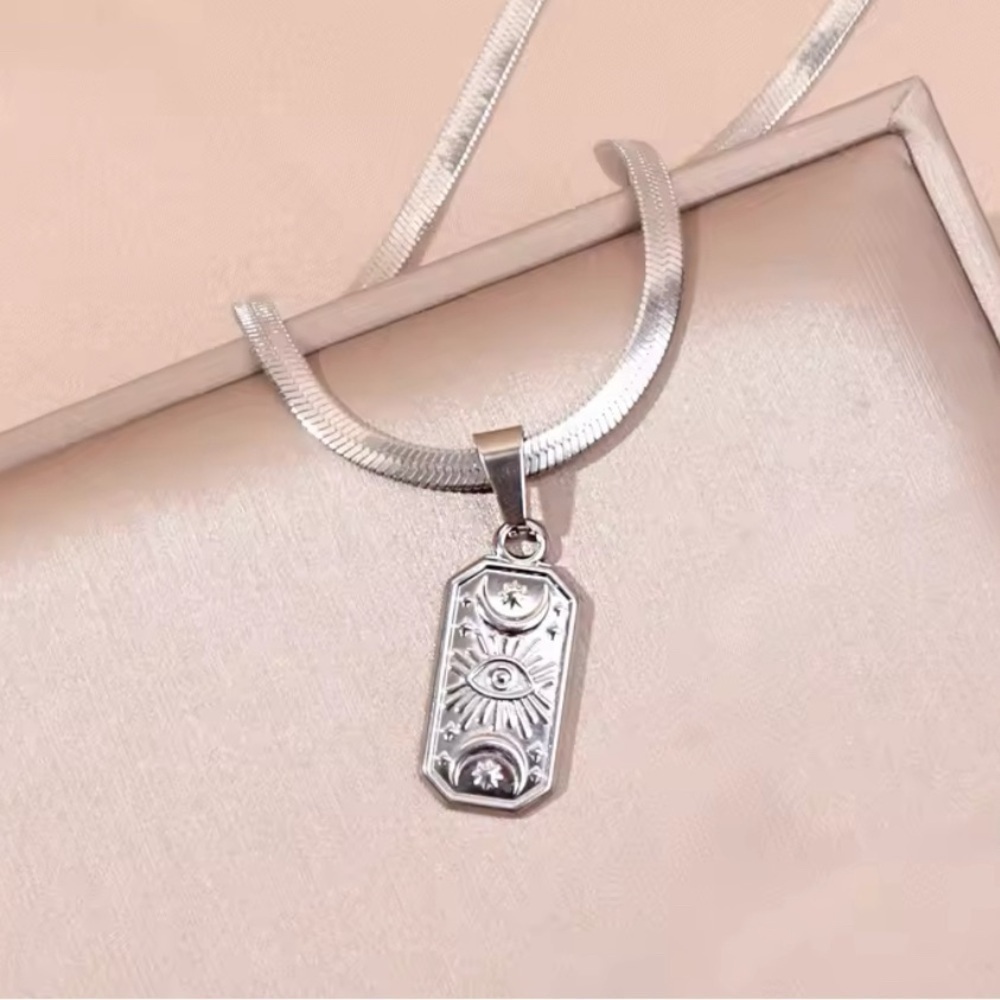 18K White Gold Bohemian Evil Eye Tarot Card Pendant Herringbone Chain Necklace